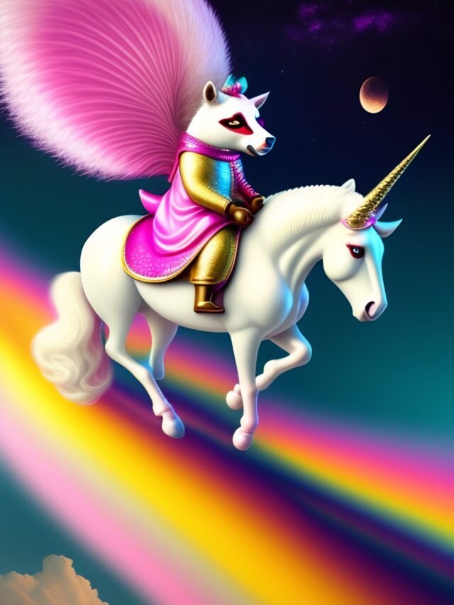 pink raccoon riding a white unicorn with wings. Th