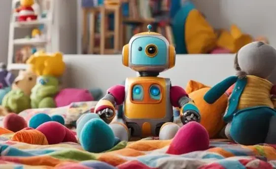 Adorable Robot Friend Toy - Smiling metallic robot toy with playful colors, perfect for kids and technology enthusiasts.